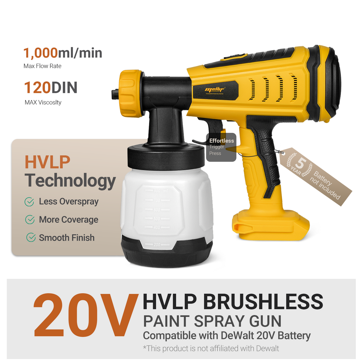 Mellif Bürstenloses kabelloses Farbsprühgerät HVLP Brushless Spritzpistole für DeWalt 20V MAX