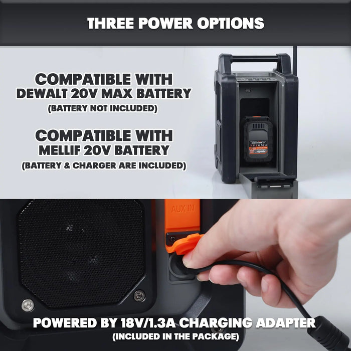 Mellif Jobsite Radio Speaker Compatible with DeWalt 20V Max Battery Mellif 20v 2.0ah Battery & Charger Kit Included Mellif Tools