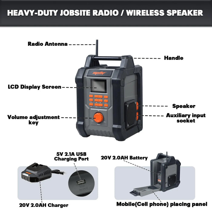 Mellif Jobsite Radio Speaker Compatible with DeWalt 20V Max Battery Mellif 20v 2.0ah Battery & Charger Kit Included Mellif Tools