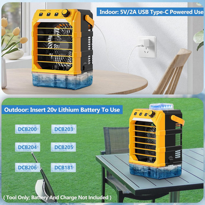 20VBattery Powered Misting Fan Portable Camping Cooler with LED lights, Yellow
