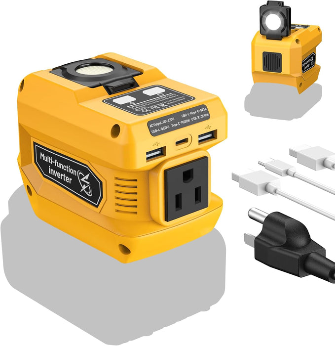 220W Power Inverter Compatible with Dewalt 20V Battery, DC 20V to AC 110V Portable Power Station with 1 AC Outlet, 2 USB Ports & 1 Type-C Fast Charging, 400LM LED Work Light