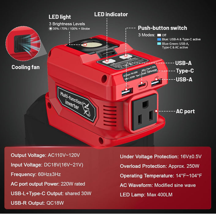 220W Power Inverter Compatible with Milwaukee 18V Battery（Battery Not Included）