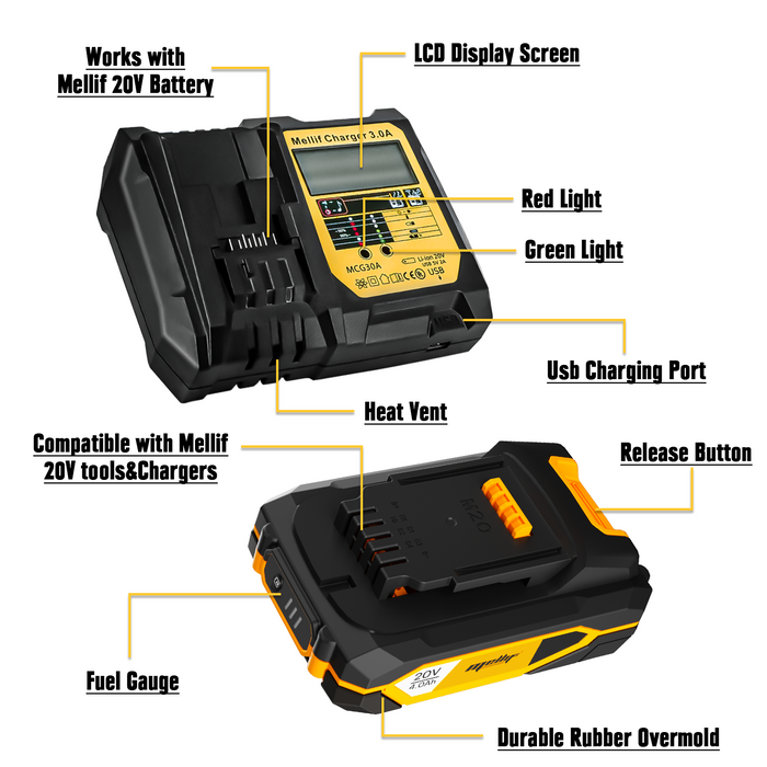 Mellif Charger Kit with M20 Battery, 20V 4.0Ah Lithium-ion Battery & Compact Fast-Charging Charger, Compatible with Mellif & Dewalt 20V Tools & Batteries (Yellow & Black)
