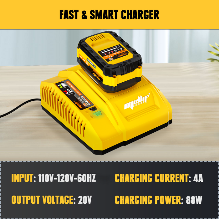 Mellif 20V Lithium Ion Battery and Charger Kit, 4.0Ah Battery, 4 Amp Rapid-Charger, Rechargeable, 10C/40Amps, Compatible with Mellif 20V Tools & Batteries