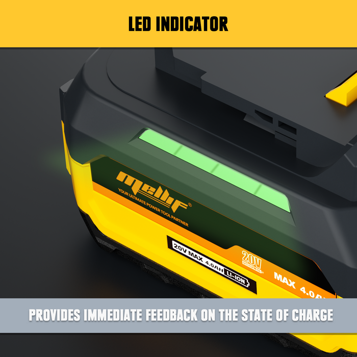 Mellif 20V Lithium Ion Battery and Charger Kit, 4.0Ah Battery, 4 Amp Rapid-Charger, Rechargeable, 10C/40Amps, Compatible with Mellif 20V Tools & Batteries