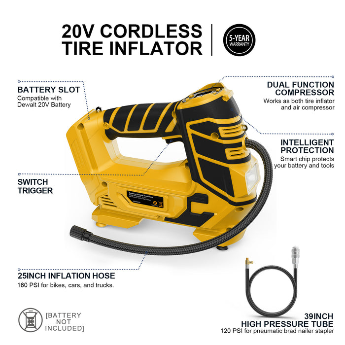 Cordless Tire Air Compressor Compatible Dewalt 20V Max Battery 150PSI Portable Cordless Tire Air Compressor Compatible Dewalt 20V Max Battery 150PSI Portable