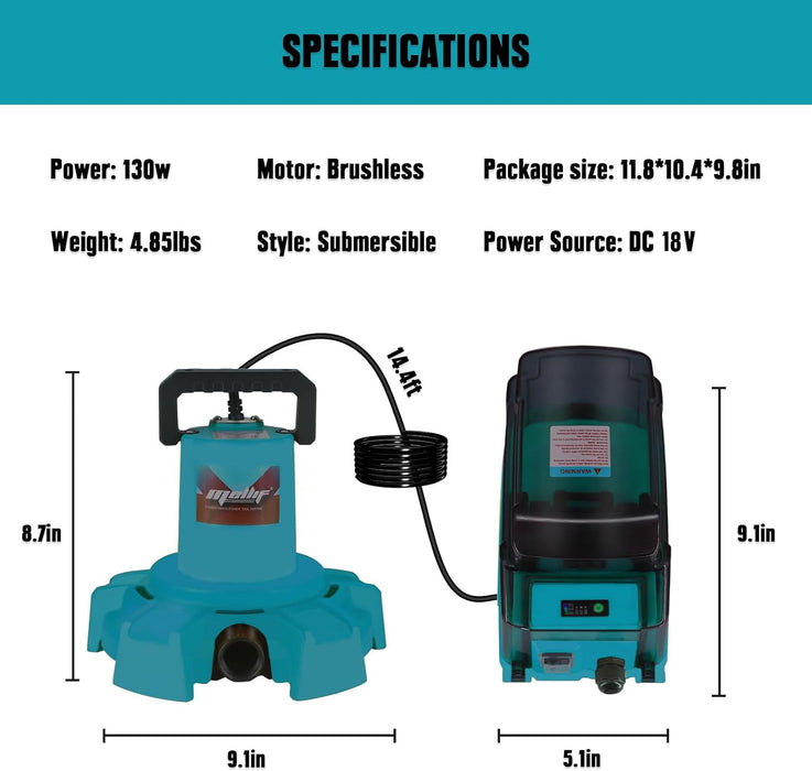 Mellif Submersible Sump Pump,Compatible With Makita 18V Battery（Battery Not Included）