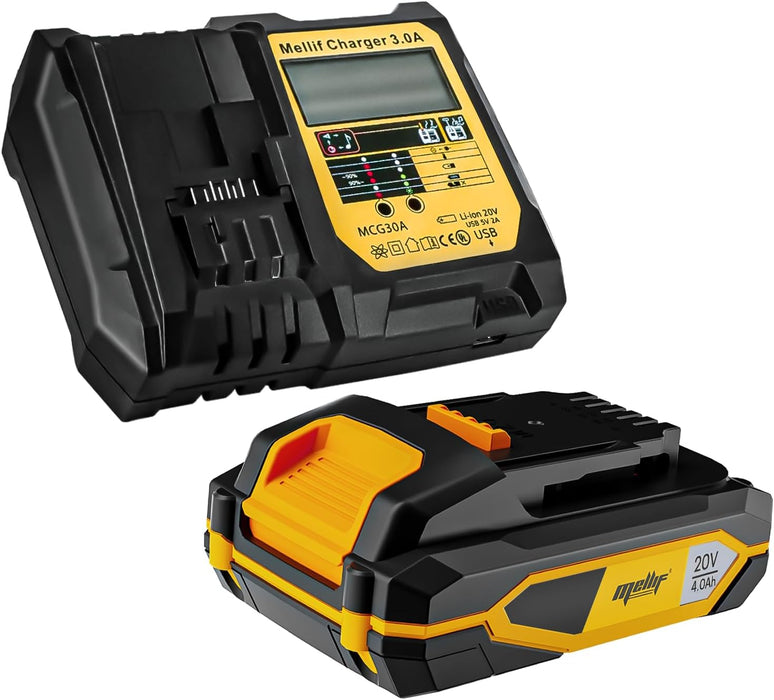Mellif Charger Kit with M20 Battery, 20V 4.0Ah Lithium-ion Battery & Compact Fast-Charging Charger, Compatible with Mellif & Dewalt 20V Tools & Batteries (Yellow & Black)