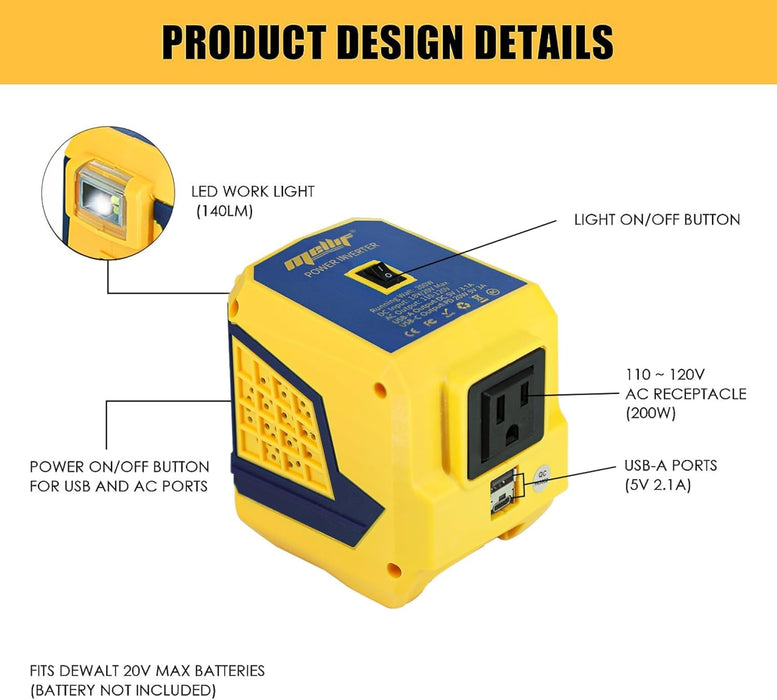 Mellif 200W Inverter Power Adapter Compatible with Dewalt 20V Battery, 20V to 110V Voltage Converter
