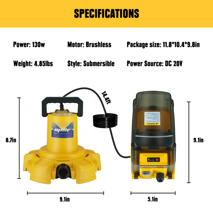 Pompe de puisard Mellif, compatible avec la batterie DeWalt 20 V MAX (batterie non incluse)