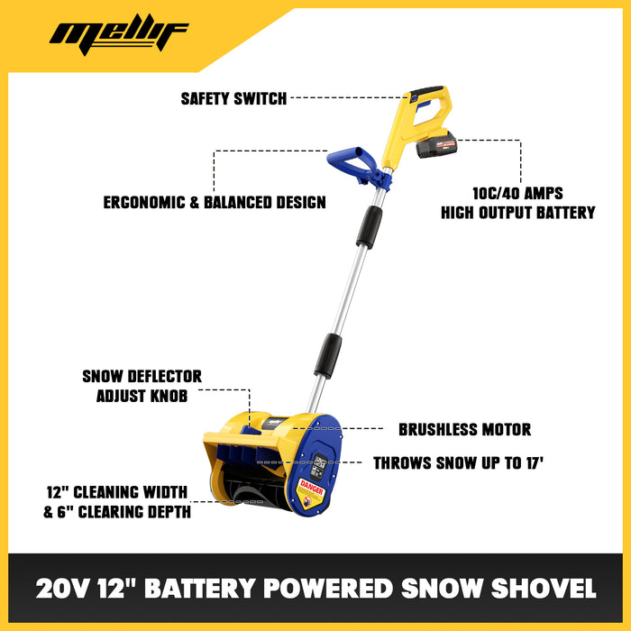 Mellif 20V 12-Inch Cordless Snow Shovel  Mellif 20V 4.0Ah Battery & Charger Kit Included