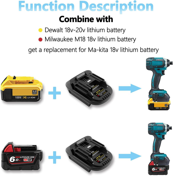 DM18M Battery Adapter for Dewalt and Milwaukee to Makita Tools