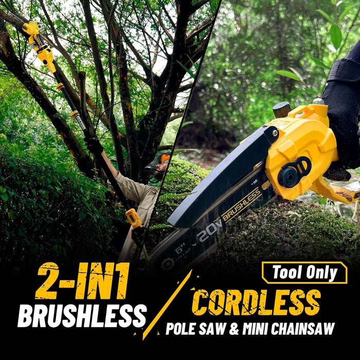 2-IN-1 Cordless 6" Pole Saw & Chainsaw, Brushless Motor Ultra-Lightweight, 14.2 FT Max Reach Extension