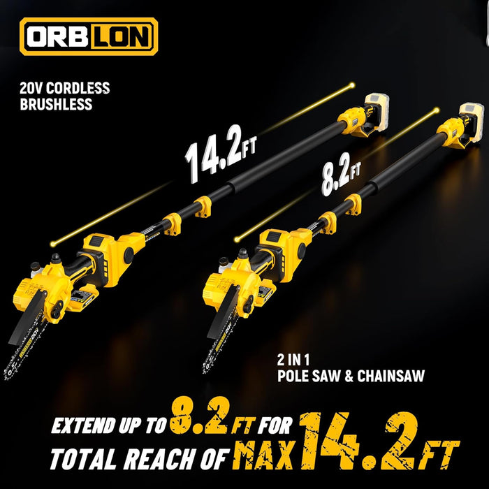 2-IN-1 Cordless 6" Pole Saw & Chainsaw, Brushless Motor Ultra-Lightweight, 14.2 FT Max Reach Extension