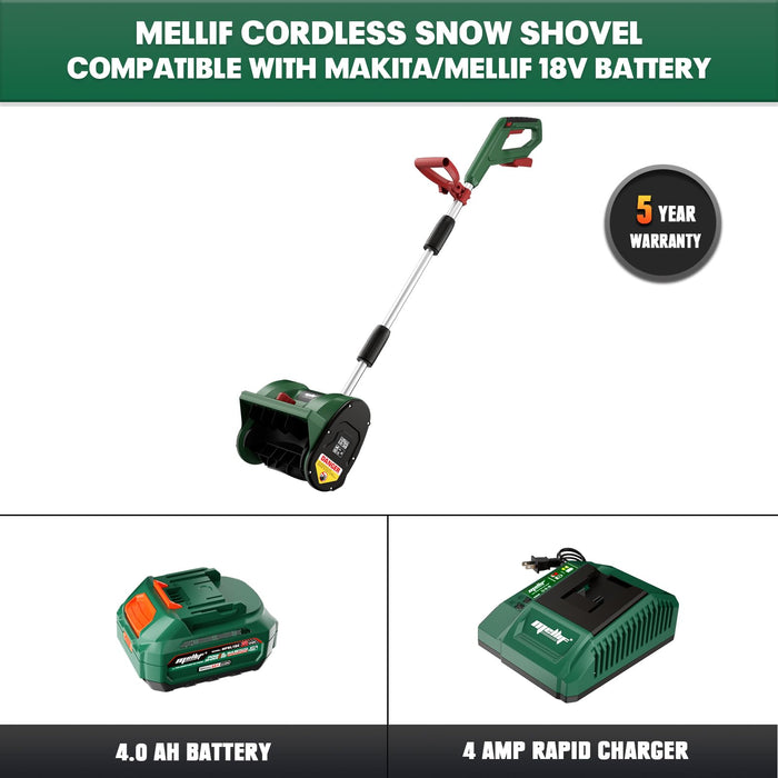 Mellif  12” Cordless Snow Shovel Compatible with Makita 18V Battery with 4.0 Ah battery and Fast Charger