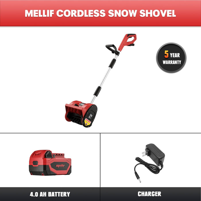 Mellif  12” Cordless Snow Shovel Compatible with Milwaukee 18V Battery, Brushless Snow Blower Electric Snow Thrower, Adjustable Front Handle & Deflector (w/ 4.0 Ah Battery & 4.0 Quick Charger)