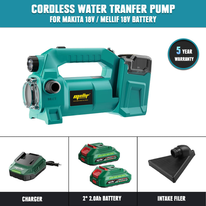 Mellif Cordless Water Pump compatible with Makita 18V Battery, 500GPH Brushless Transfer Pump Self Priming Pump with 2 * 2.0Ah Mellif Battery, 1*Charger