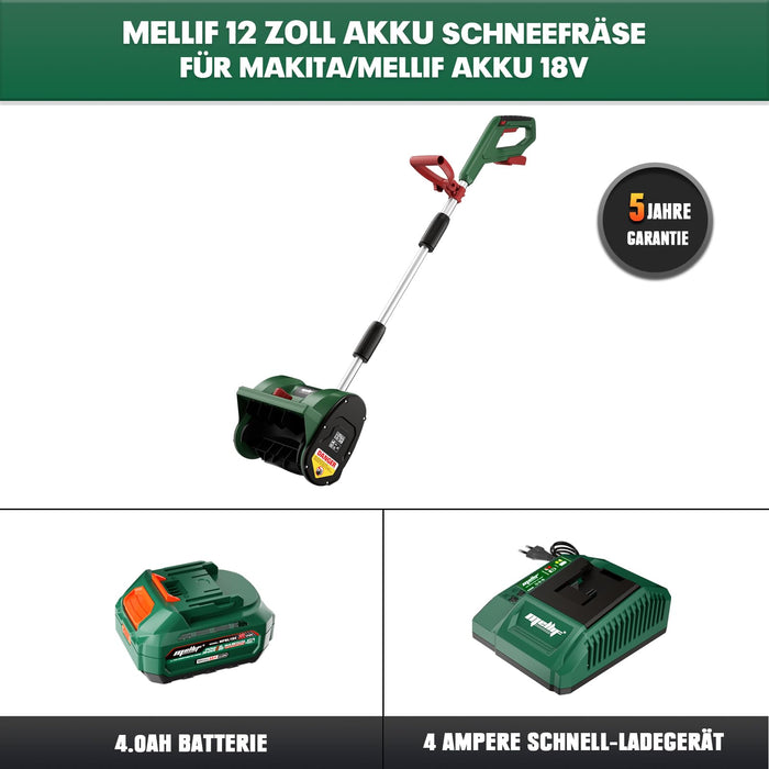 Mellif Akku Schneefräse,elektrische bürstenlose Schneebürste mit 4.0 Ah Batterie Kompatibel mit Makita 18V Akku