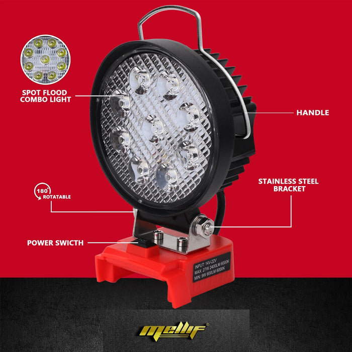 Mellif LED-Arbeitsleuchte, kompatibel mit Milwaukee 18-V-Akku, 27 W, 2400 lm, kabelloses, drehbares LED-Handlicht 