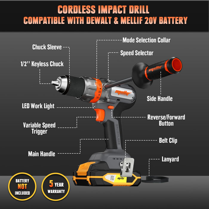 Mellif Professional Cordless Hammer Drill For Dewalt/Mellif 20V Max Battery