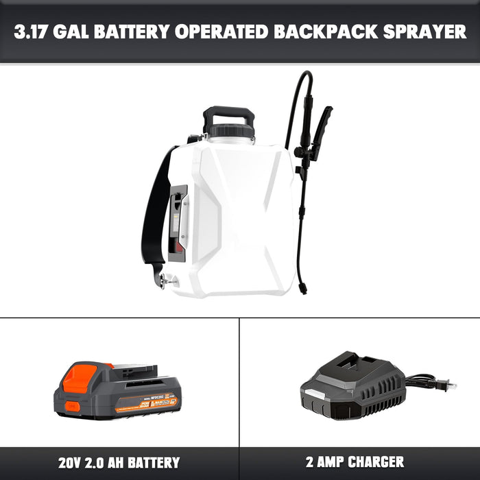 3.17 Gallon Battery Powered Backpack Sprayer Compatible with Dewalt 20V Battery