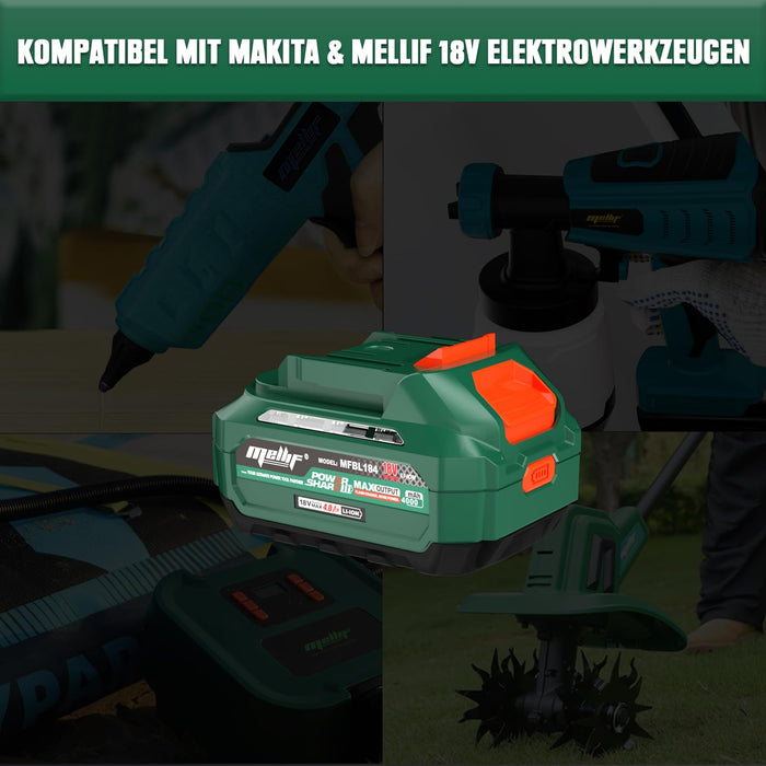 Mellif Akku 18V 4,0 Ah &amp; Ladegerät 4,0A, Li-Ionen-Akku, LED-Anzeige, kompatibel mit Melllif/Makita 18V Elektrowerkzeugen, Schnellladegerät mit Überspannungsschutz