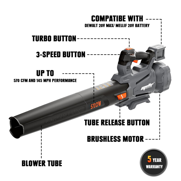 Mellif 40 V Akku-Schneefräse/Laubbläser für Dewalt 20 V MAX Akku (ohne Akku), 570 CFM 145 MPH 3 variable Geschwindigkeiten, Laubbläser 