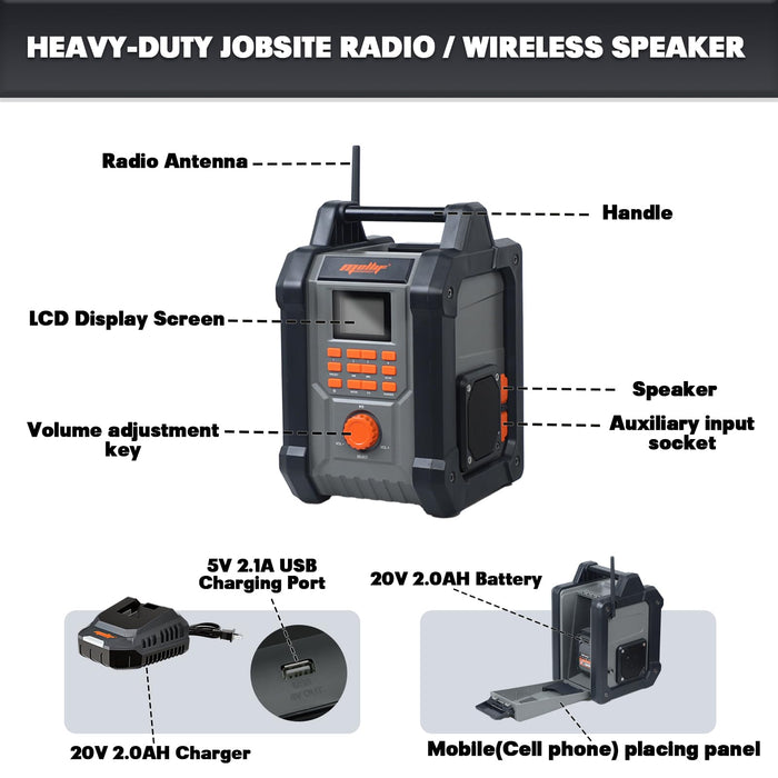 Mellif Jobsite-Radiolautsprecher, kompatibel mit DeWalt 20 V Max-Akku. Mellif 20 V 2,0 Ah Akku und Ladegerät-Kit im Lieferumfang enthalten. 