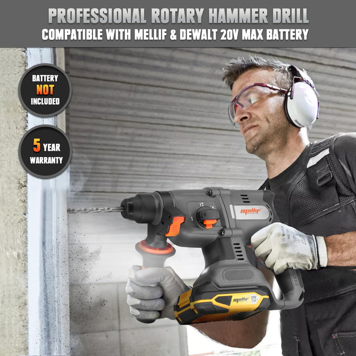 Mellif Professional 1-1/8" SDS-Plus Rotary Hammer Drill for Dewalt/Mellif 20V Max Battery