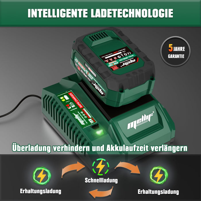 Mellif Akku 18V 4,0 Ah &amp; Ladegerät 4,0A, Li-Ionen-Akku, LED-Anzeige, kompatibel mit Melllif/Makita 18V Elektrowerkzeugen, Schnellladegerät mit Überspannungsschutz