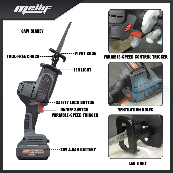 Mellif 20V Brushless Reciprocating Saw Kit Compatible with Dewalt Battery