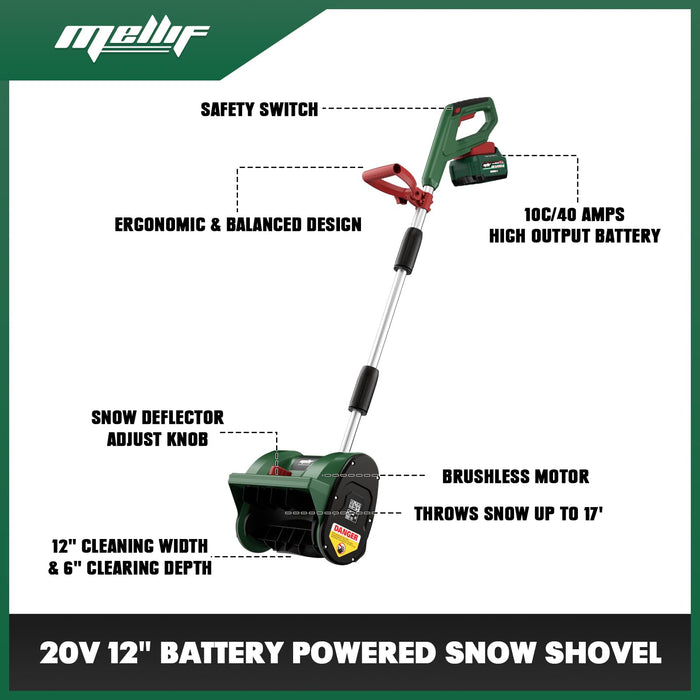 Mellif  12” Cordless Snow Shovel Compatible with Makita 18V Battery with 4.0 Ah battery and Fast Charger