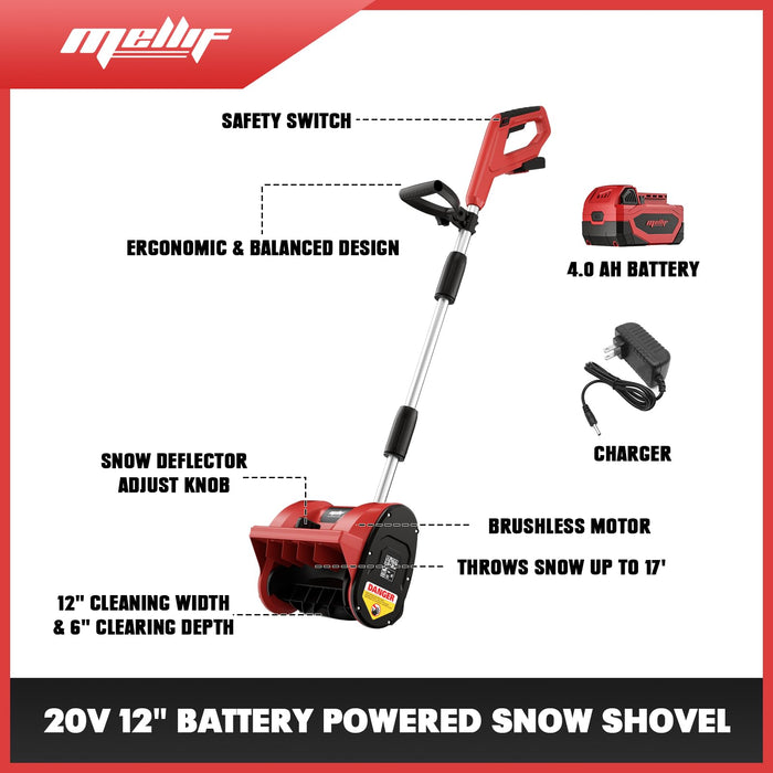 Mellif  12” Cordless Snow Shovel Compatible with Milwaukee 18V Battery, Brushless Snow Blower Electric Snow Thrower, Adjustable Front Handle & Deflector (w/ 4.0 Ah Battery & 4.0 Quick Charger)