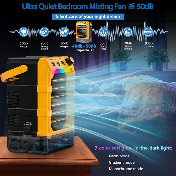 20VBattery Powered Misting Fan Portable Camping Cooler with LED lights, Yellow