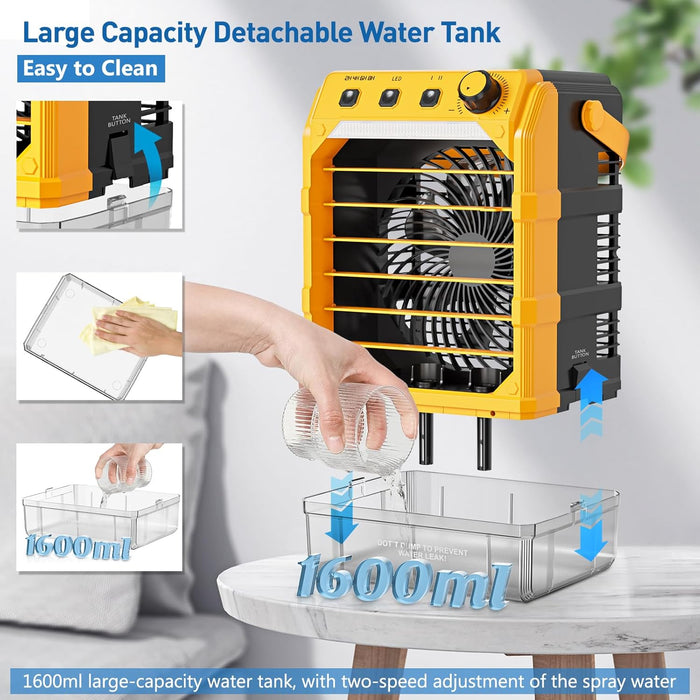 20VBattery Powered Misting Fan Portable Camping Cooler with LED lights, Yellow