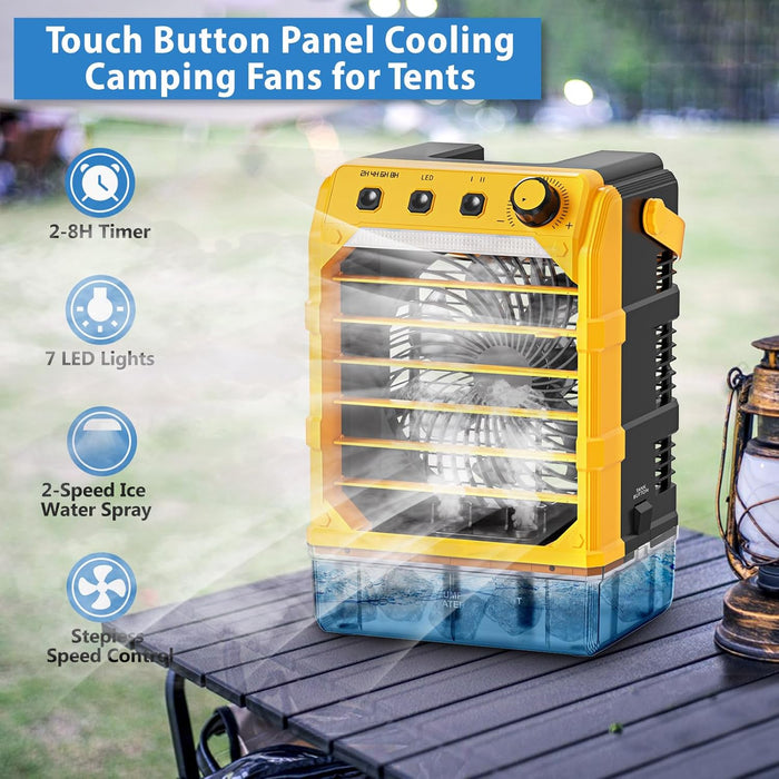 20VBattery Powered Misting Fan Portable Camping Cooler with LED lights, Yellow
