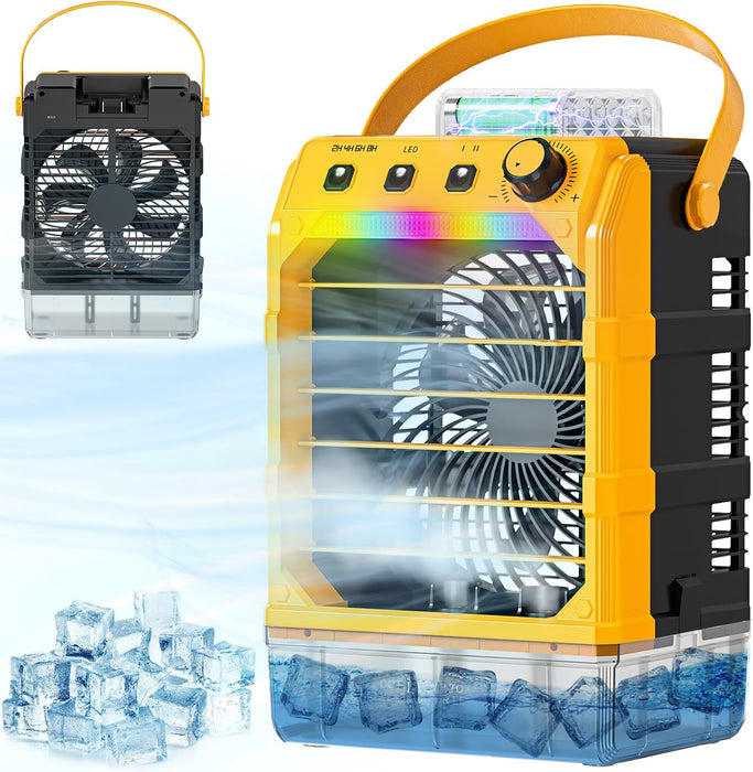 20VBattery Powered Misting Fan Portable Camping Cooler with LED lights, Yellow