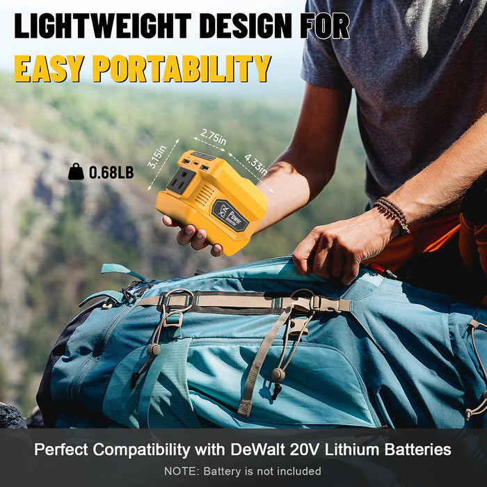 220W Power Inverter Compatible with Dewalt 20V Battery, DC 20V to AC 110V Portable Power Station with 1 AC Outlet, 2 USB Ports & 1 Type-C Fast Charging, 400LM LED Work Light