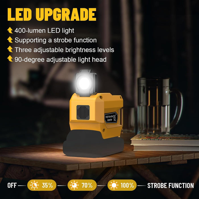 220W Power Inverter Compatible with Dewalt 20V Battery, DC 20V to AC 110V Portable Power Station with 1 AC Outlet, 2 USB Ports & 1 Type-C Fast Charging, 400LM LED Work Light