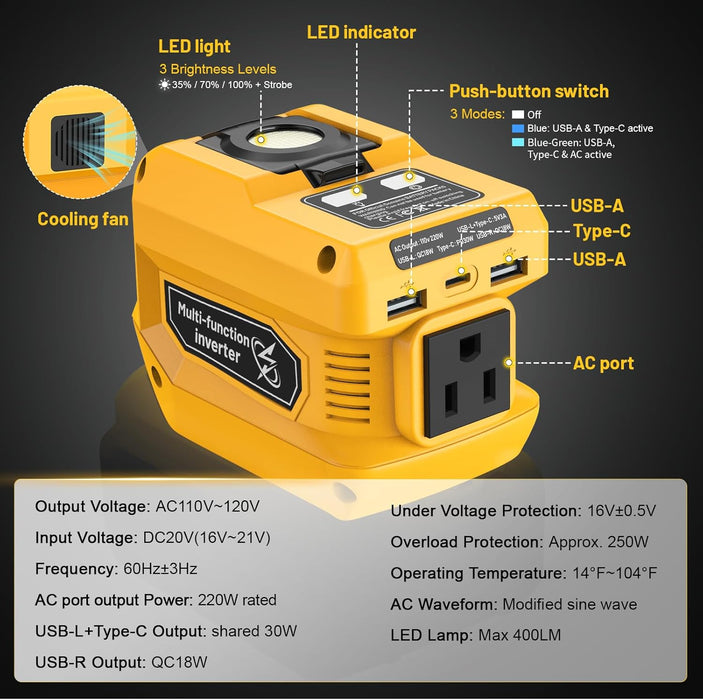 220W Power Inverter Compatible with Dewalt 20V Battery, DC 20V to AC 110V Portable Power Station with 1 AC Outlet, 2 USB Ports & 1 Type-C Fast Charging, 400LM LED Work Light