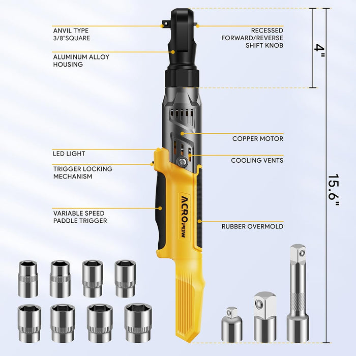3/8" Cordless Ratchet Wrench, 74Ft-Lbs Brushless Motor Electric Ratchet with Variable Speed, Sockets Set, Adapters and Tool Bag