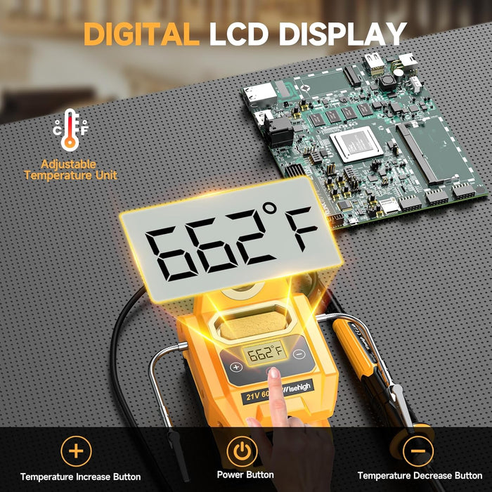 20V Battery Powered Solder Iron Station with LCD Display, Fast Heating, Temperature Adjustable, Yellow