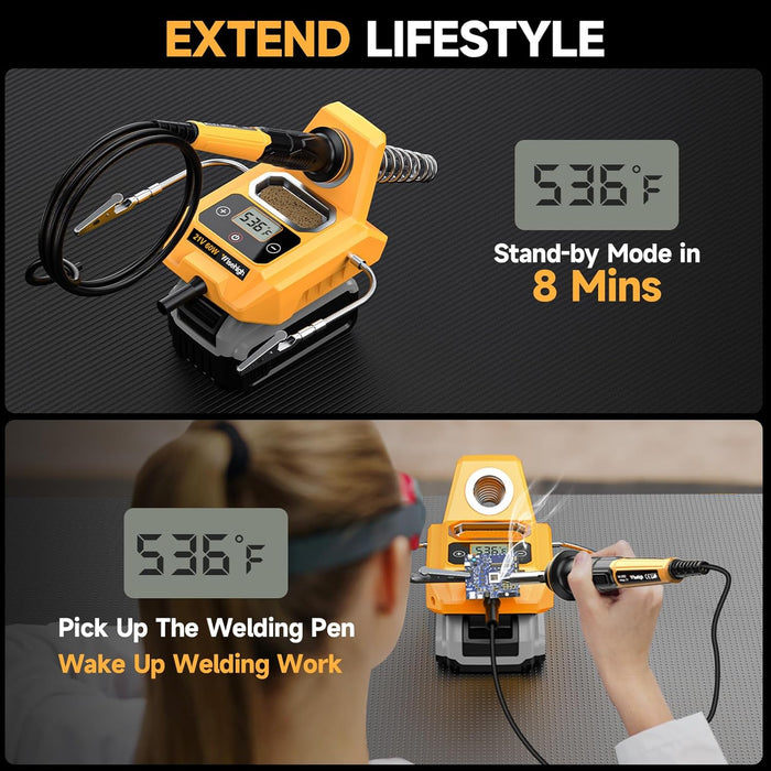 20V Battery Powered Solder Iron Station with LCD Display, Fast Heating, Temperature Adjustable, Yellow