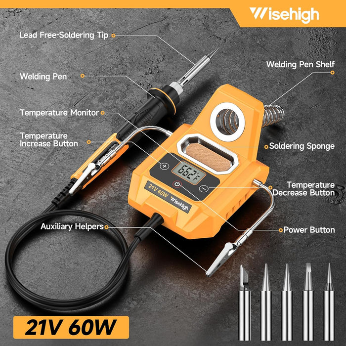 20V Battery Powered Solder Iron Station with LCD Display, Fast Heating, Temperature Adjustable, Yellow